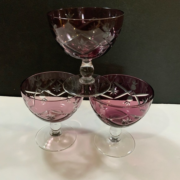 Sherbets Amethyst Purple Cut to Clear Set Lot 3 Glass Vintage - Picture 3 of 5